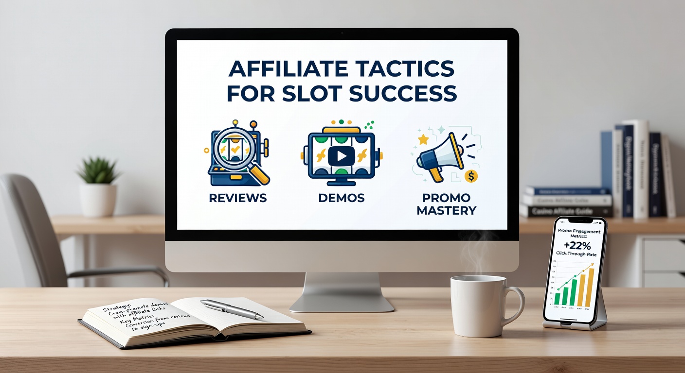 Dynamic infographic illustrating affiliate revenue growth from combined review, demo, and promo tactics in slot marketing