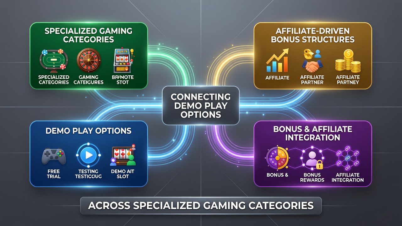 Infographic illustrating affiliate bonus activation flows from demo play in niche gaming categories