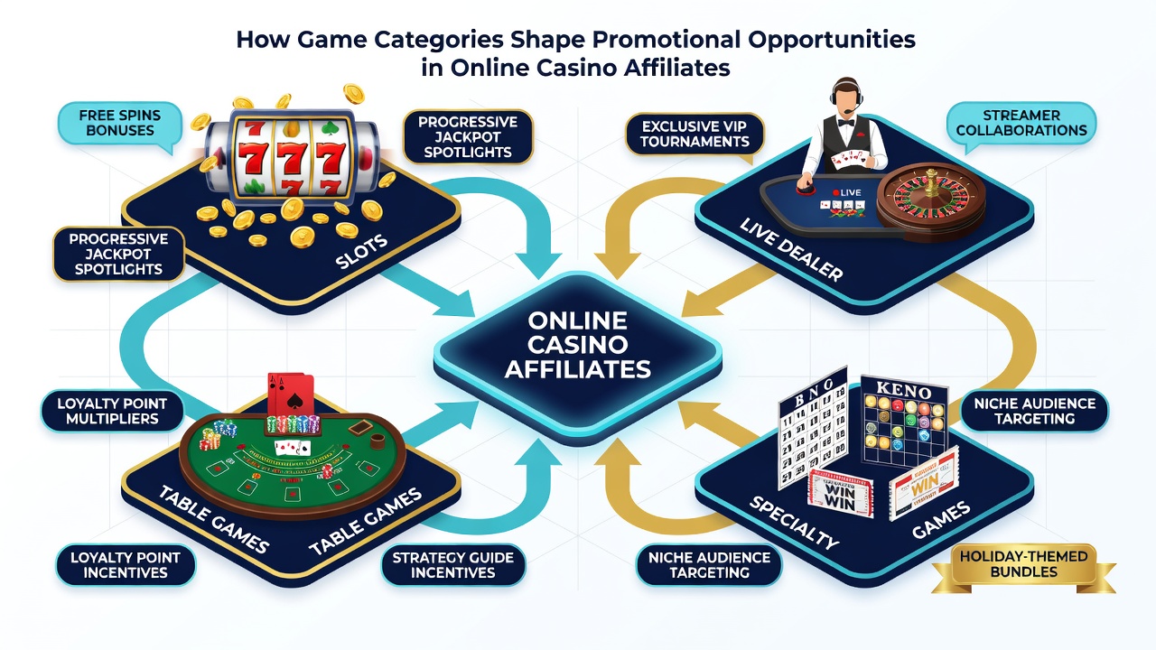 Affiliate dashboard showing performance metrics for different casino game categories and associated promotional campaigns