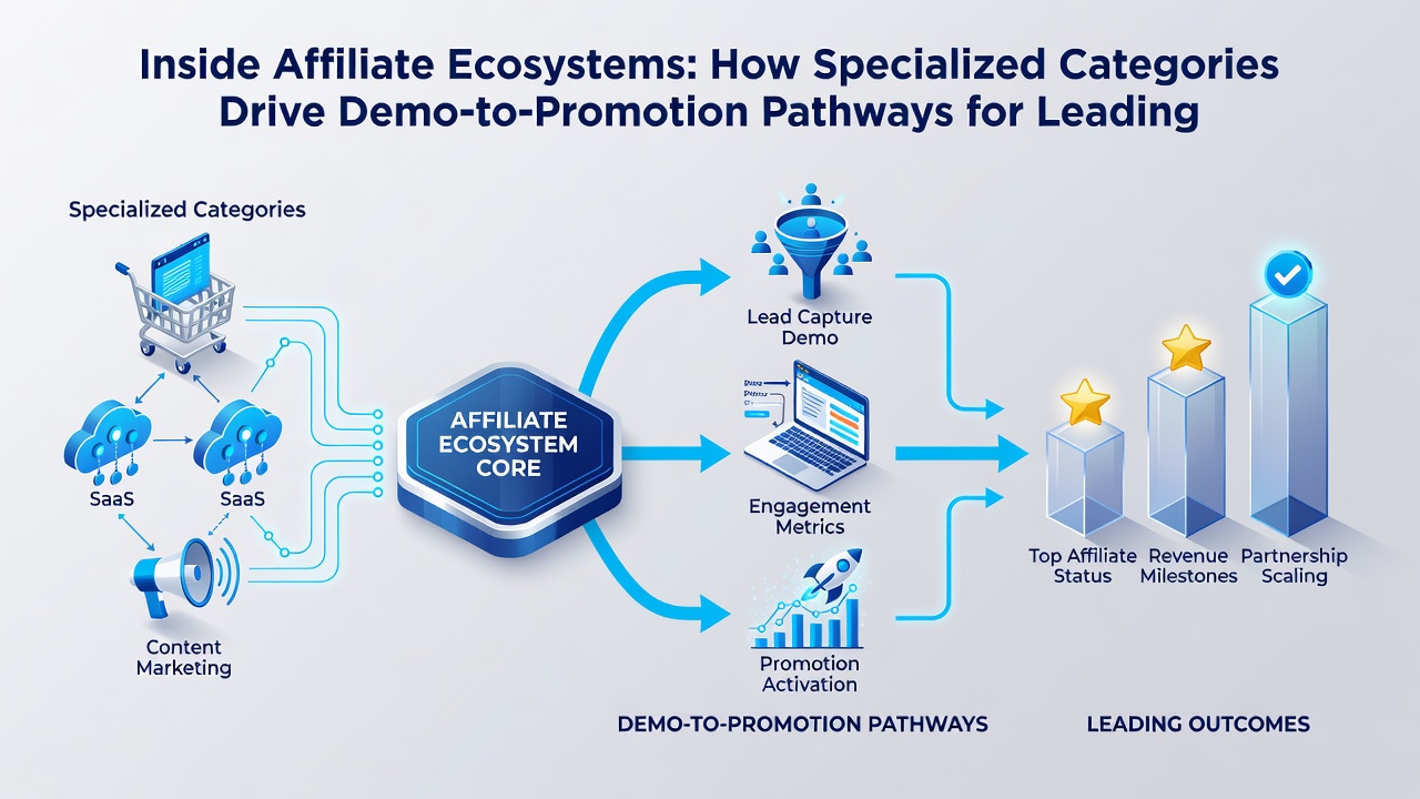 Flowchart illustrating demo play categories connecting to promotion offers across affiliate networks for slot providers