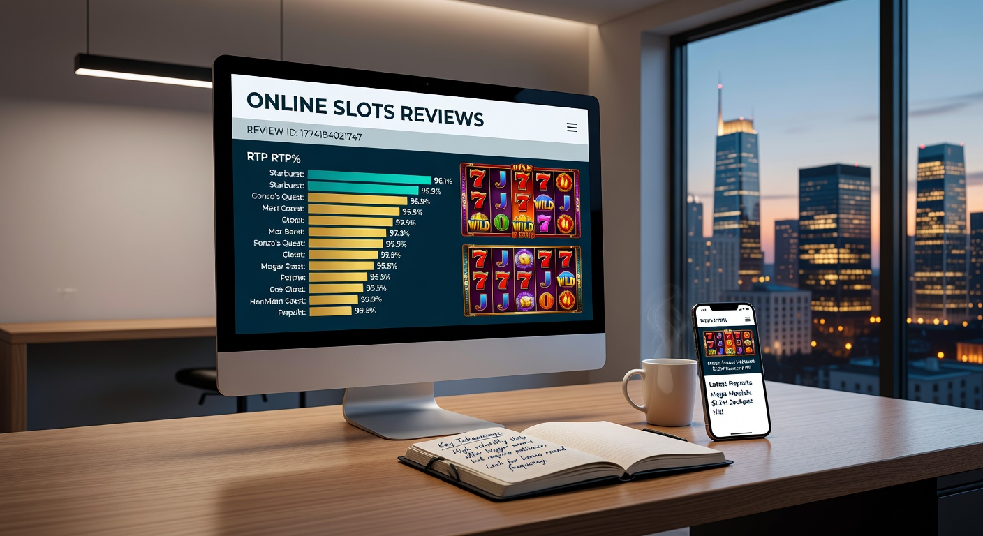Close-up of a laptop screen displaying multiple online slots review pages side-by-side, with charts on RTP and user ratings highlighted