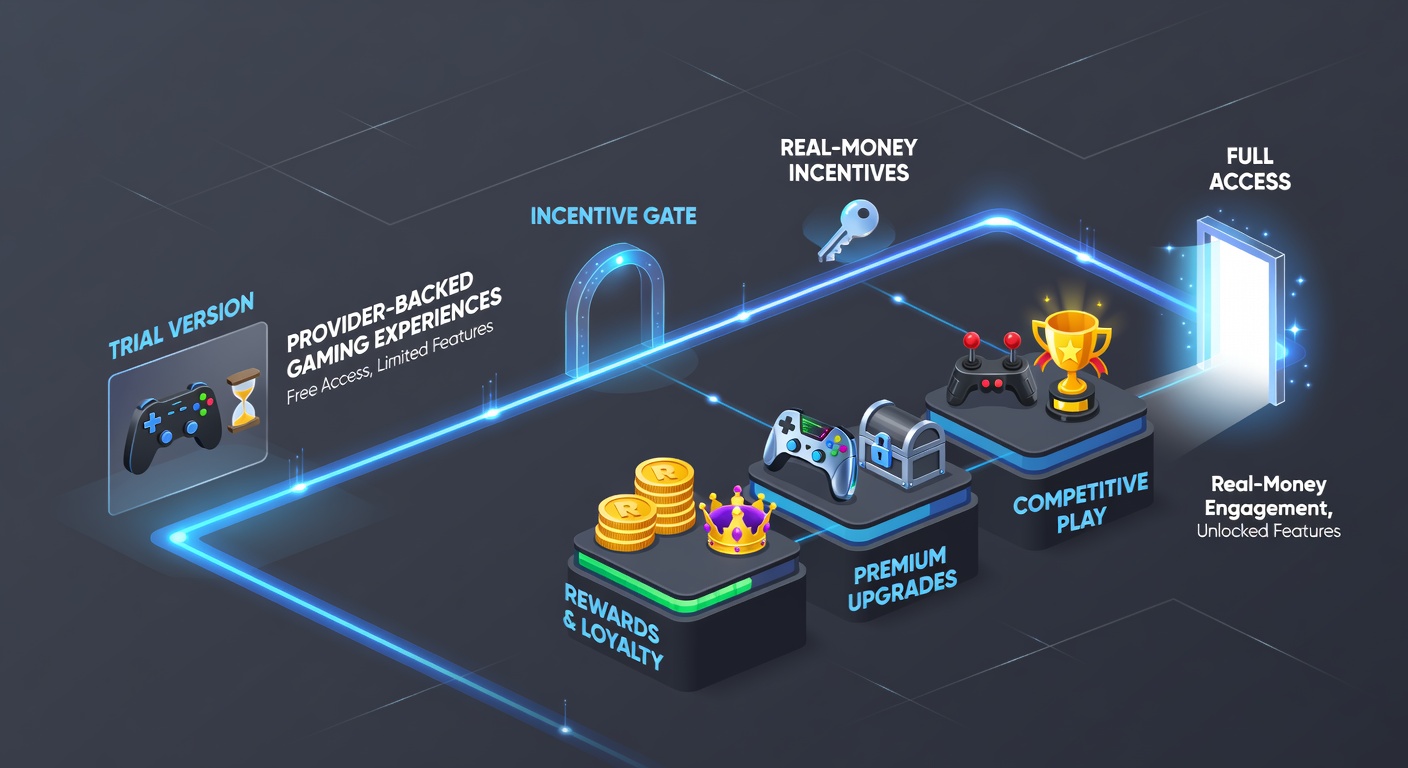 Diagram depicting player journey from free demo spins to rewarded real-money gaming sessions