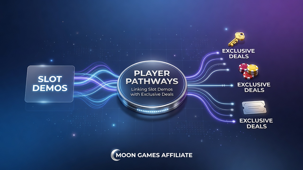 Flowchart depicting the journey from slot demo play through affiliate tracking to Moon Games exclusive bonus activation