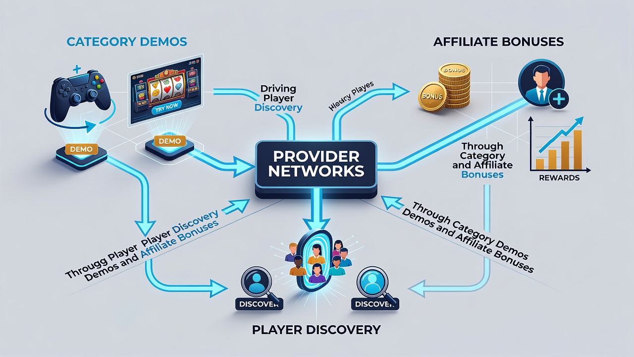 Affiliate bonus promotions highlighting category demos from multiple providers adn how networks coordinate player acquisition