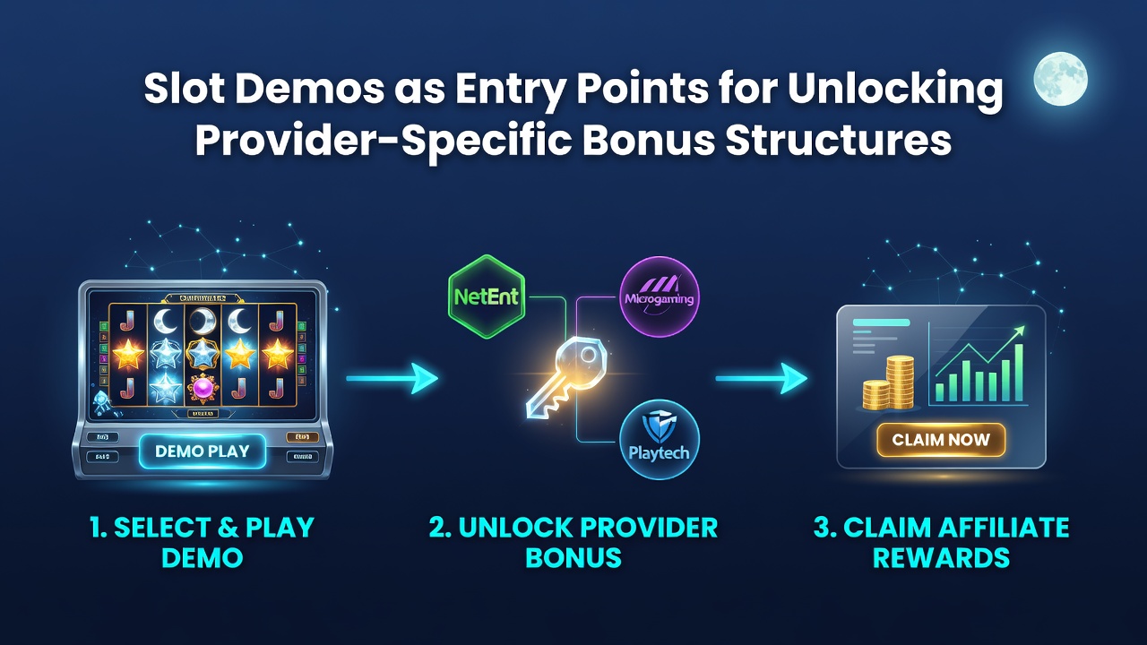 Player dashboard displaying unlocked provider bonuses after completing slot demo sessions at a Moon Games affiliate