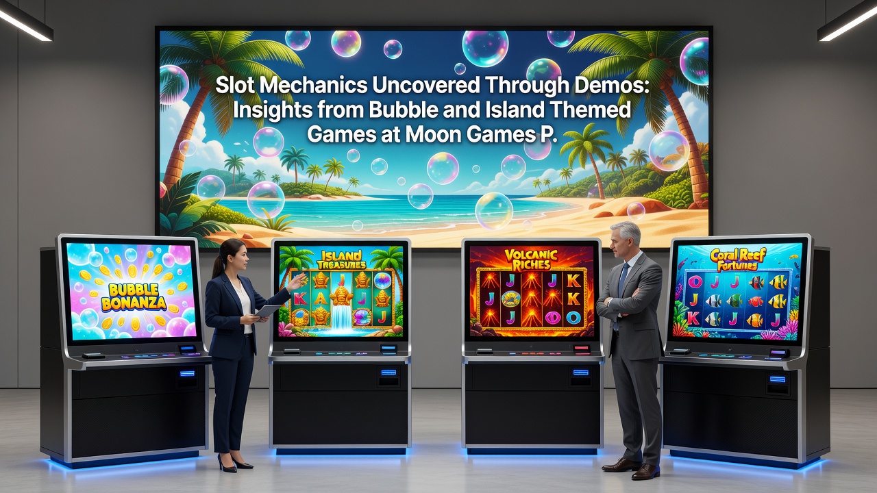 Detailed view of island themed slot reels and bonus features during demo mode on Moon Games